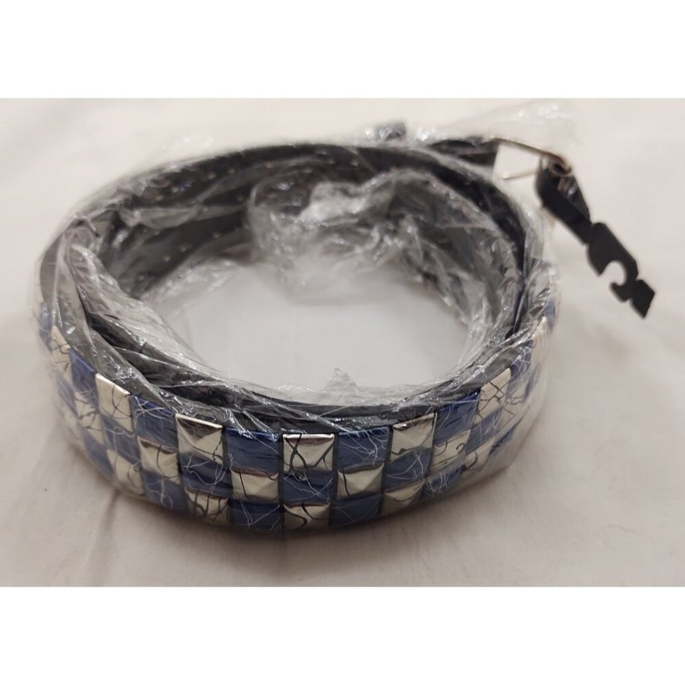 Silver Blue Studded Faux Leather Belt Alt Fashion Goth Style Unisex Adjustable